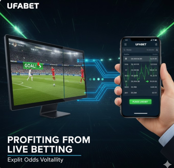 A graphic representing the high speed nature of live betting, showing a computer screen displaying a football match in progress next to a constantly fluctuating graph of odds, with a hand quickly placing a bet on a mobile device to capitalize on a sudden price change.