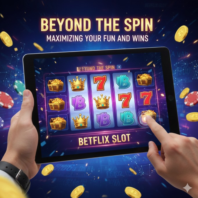 A person holding a tablet displaying the "Beyond the Spin: Maximizing Your Fun and Wins with Betflix Slot" game, surrounded by floating coins and casino chips.